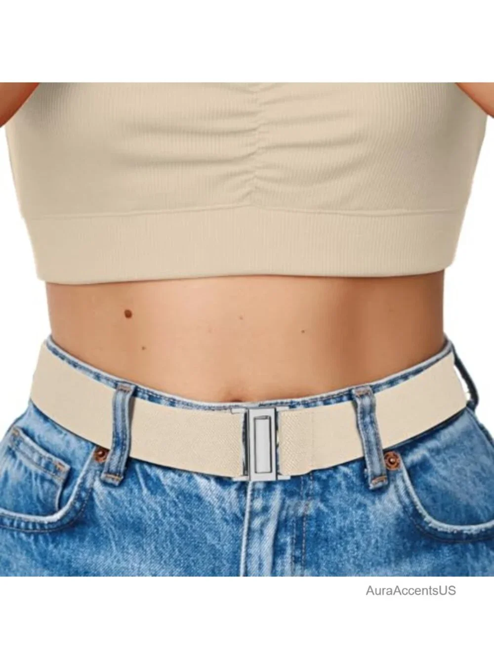 No Show Elastic Belt with Invisible Flat Buckle Stretch Web Strap for Jeans